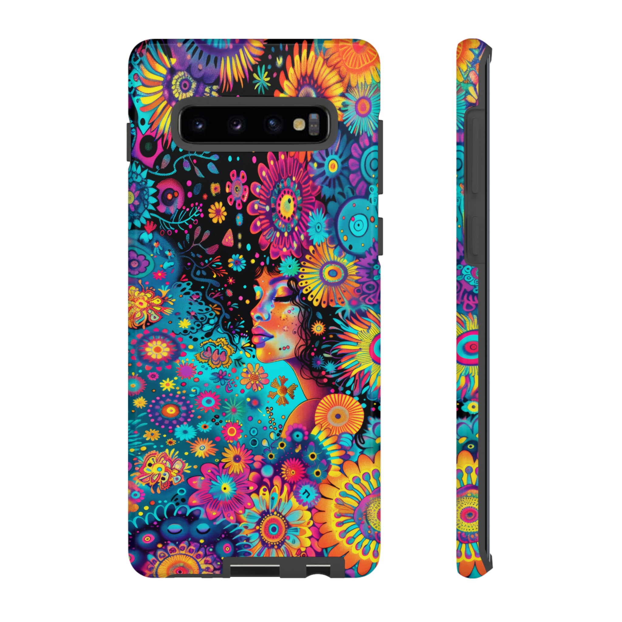 Phone Case, 1970's inspired flower girl, Artistic design, Tough Case, Colorful whimsical flower fantasy design, iPhone 15, 14, 13, 12, 11, Samsung, Pixel
