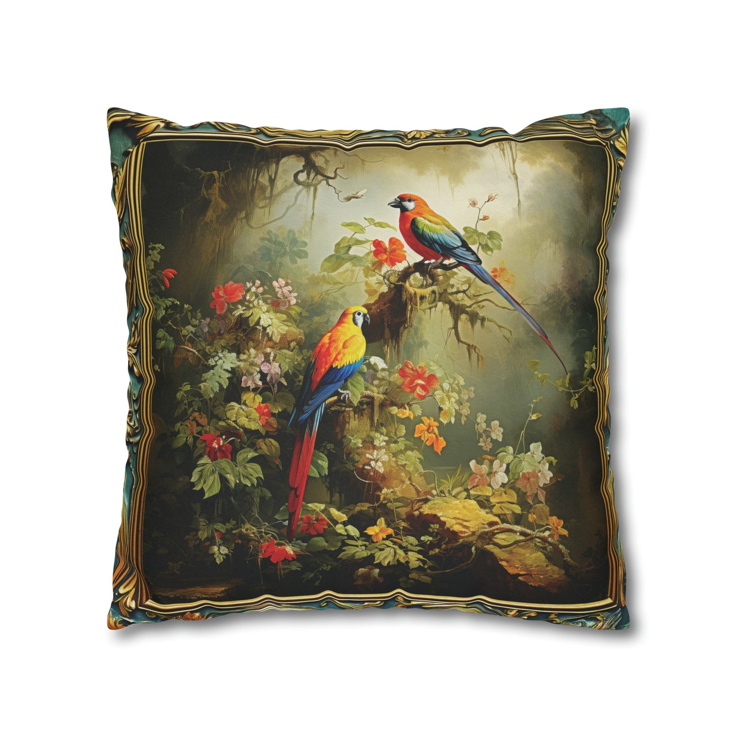 Square Pillow Case 18" x 18", CASE ONLY, no pillow form, original Art ,Two Colorful Tropical Birds on a Flowering Branch in the Forest