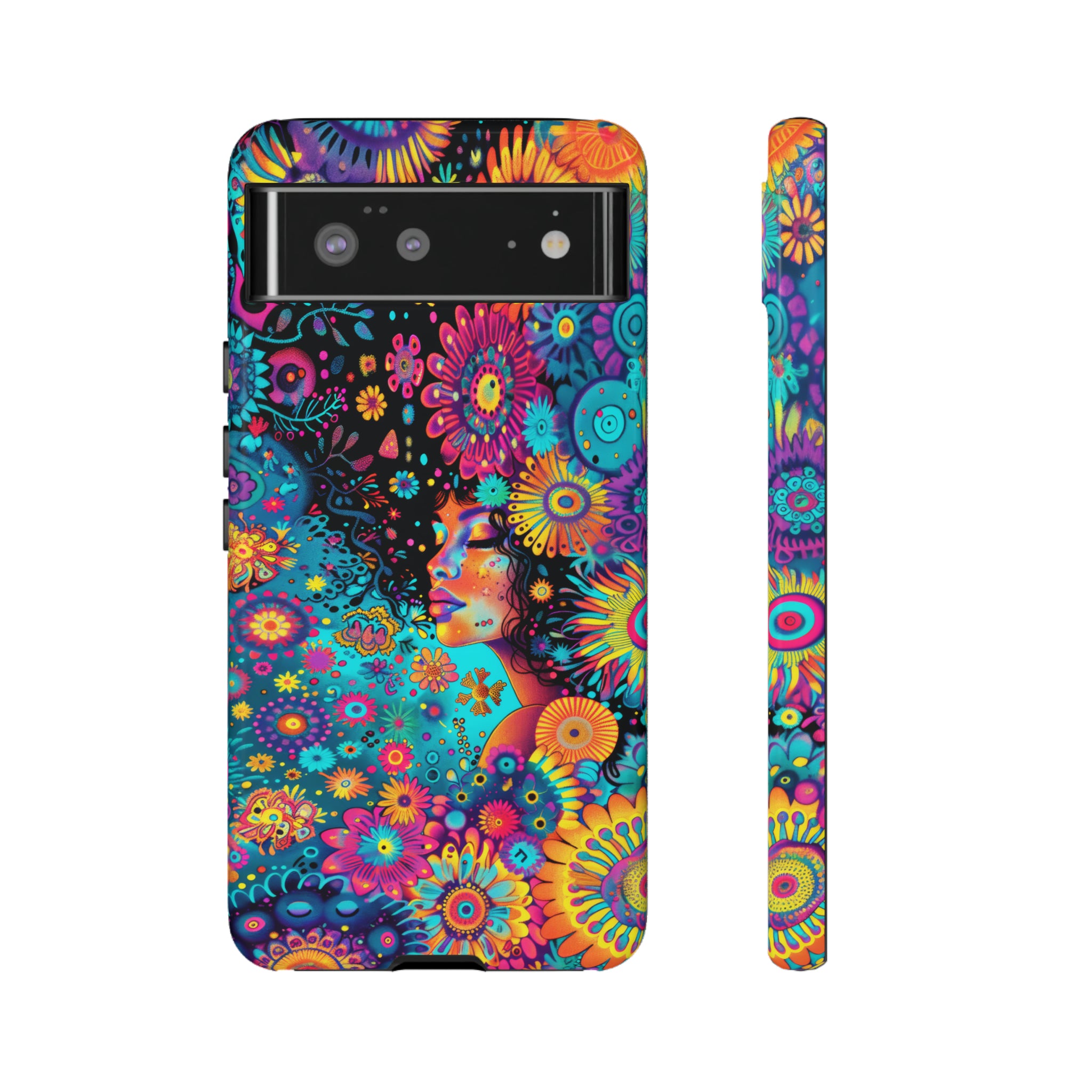 Phone Case, 1970's inspired flower girl, Artistic design, Tough Case, Colorful whimsical flower fantasy design, iPhone 15, 14, 13, 12, 11, Samsung, Pixel