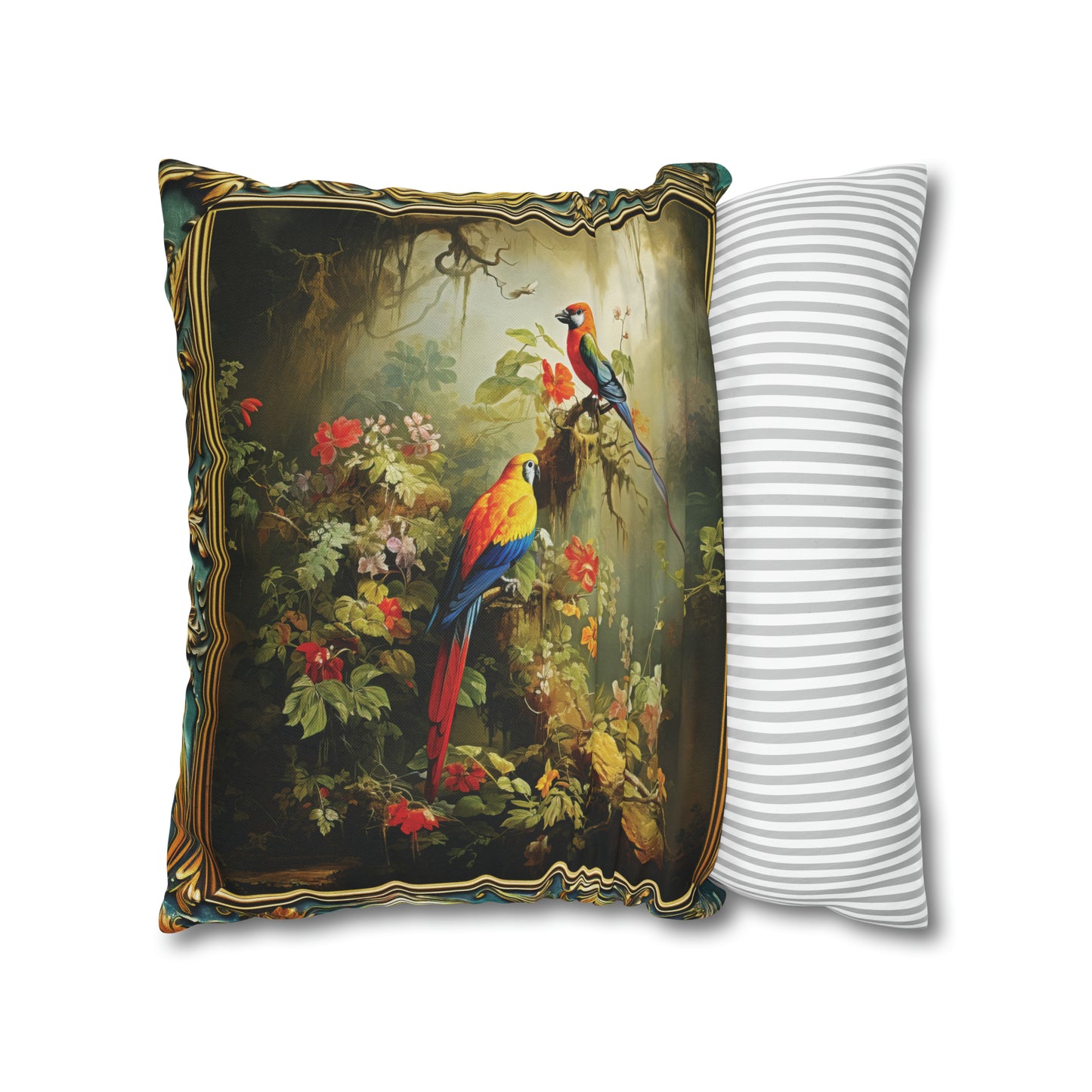 Square Pillow Case 18" x 18", CASE ONLY, no pillow form, original Art ,Two Colorful Tropical Birds on a Flowering Branch in the Forest