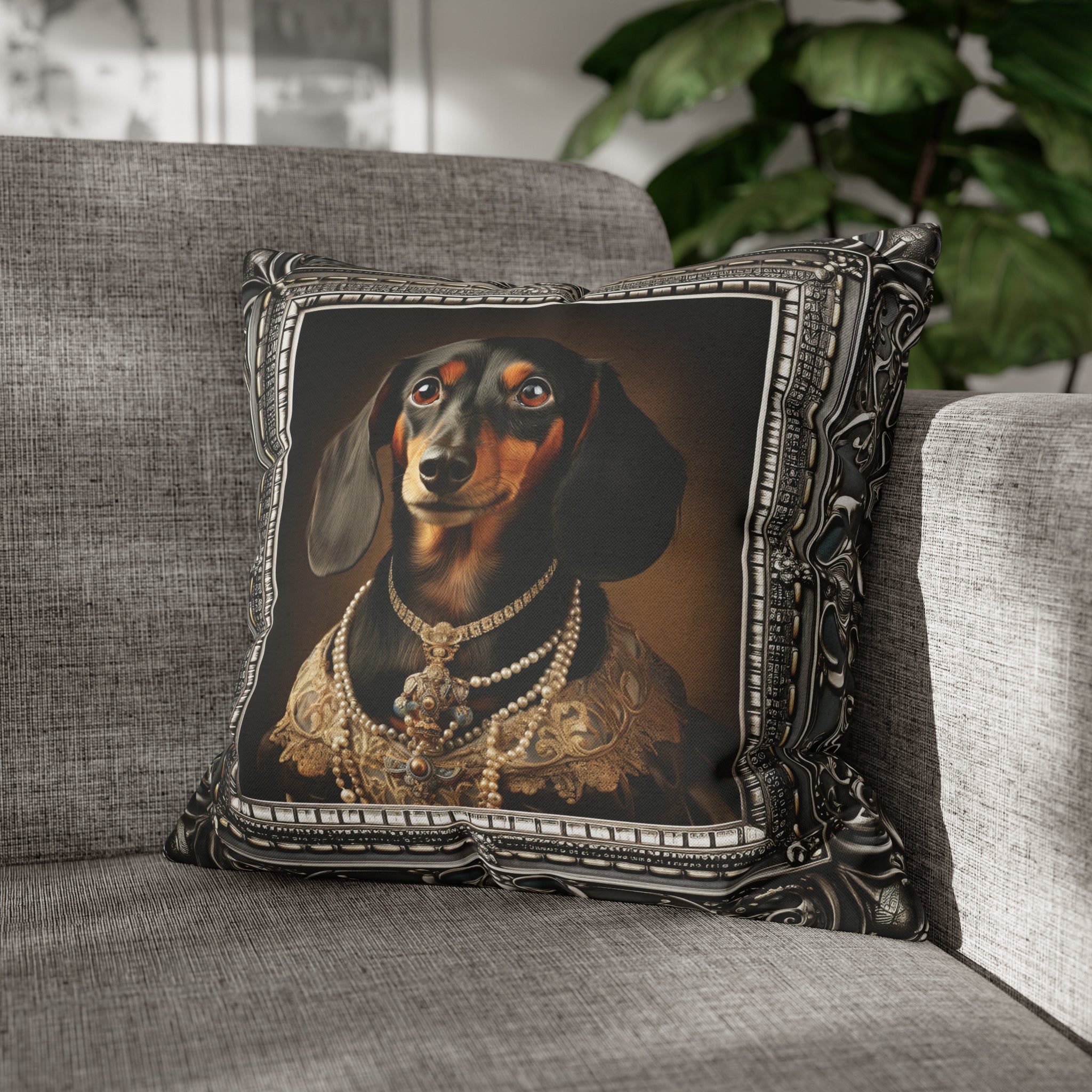 Square Pillow Case 18" x 18", CASE ONLY, no pillow form, original Art ,a Beautiful Painting of a Dachshund in a silver frame.