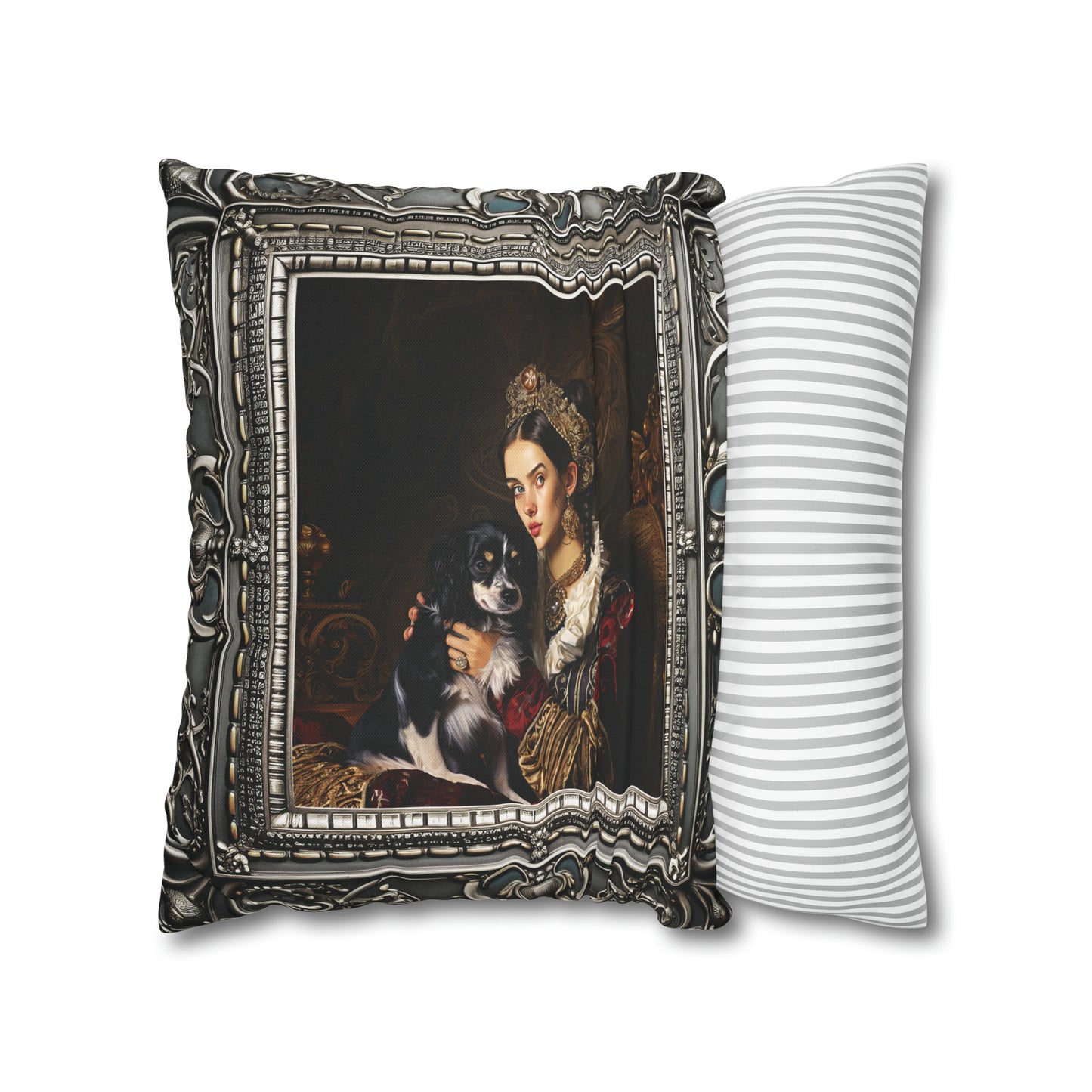 Square Pillow Case 18" x 18", CASE ONLY, no pillow form, original Art ,a Painting of Nobleman's Daughter with her Dog Antique Frame