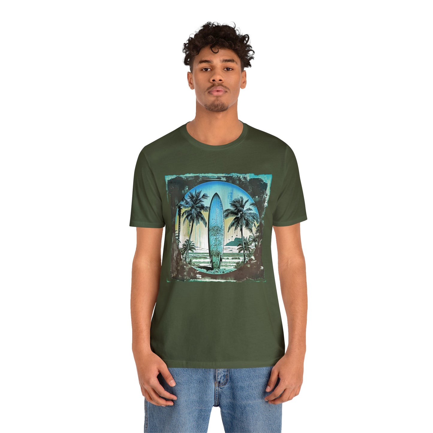 Blue board on the beach Unisex Jersey Short Sleeve Tee