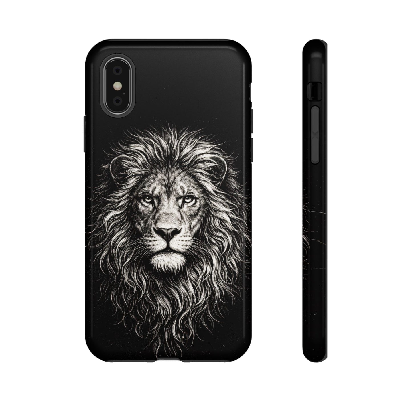 Lion Portrait Tough Phone Case — Protective Black Rugged Case with Detailed Lion Artwork
