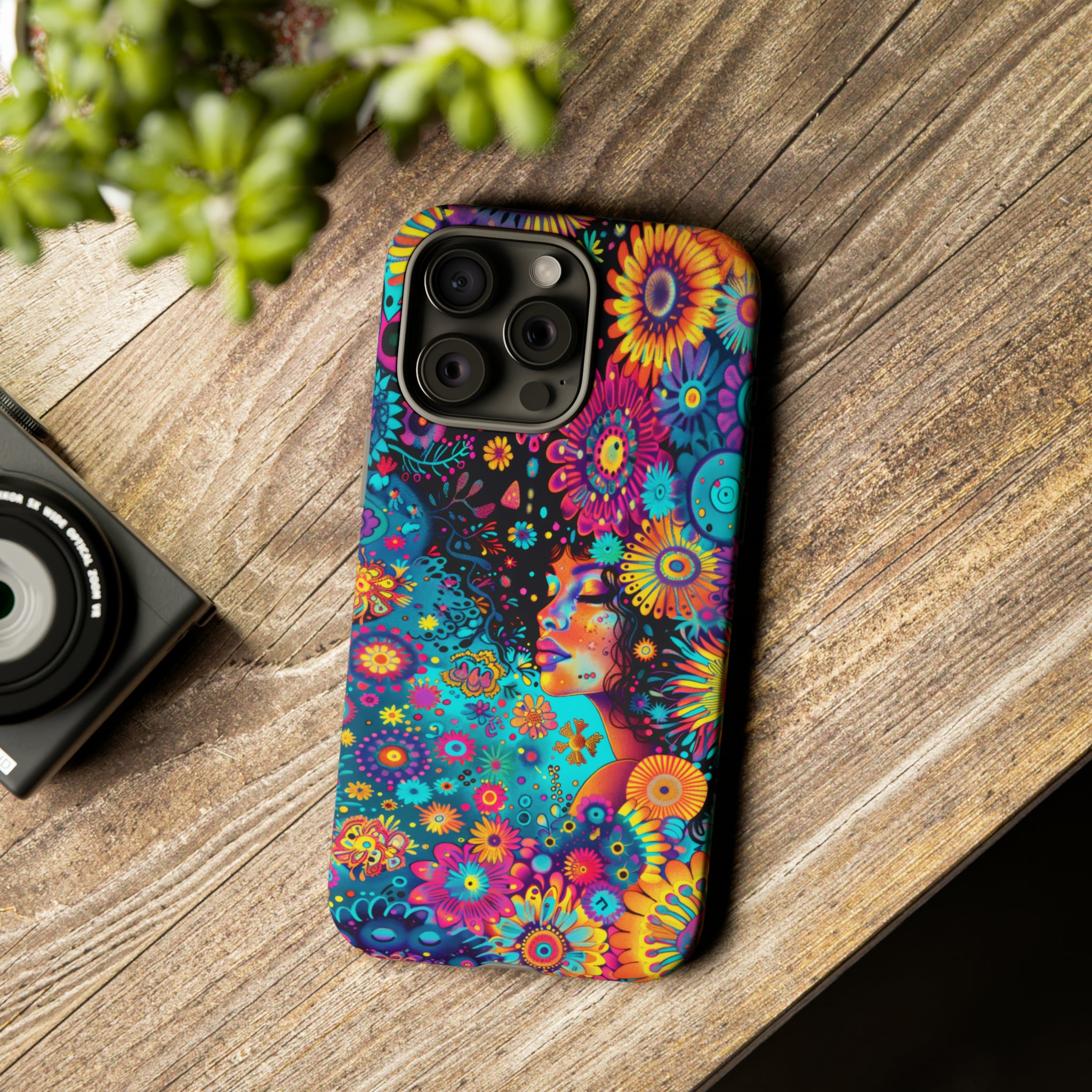 Phone Case, 1970's inspired flower girl, Artistic design, Tough Case, Colorful whimsical flower fantasy design, iPhone 15, 14, 13, 12, 11, Samsung, Pixel
