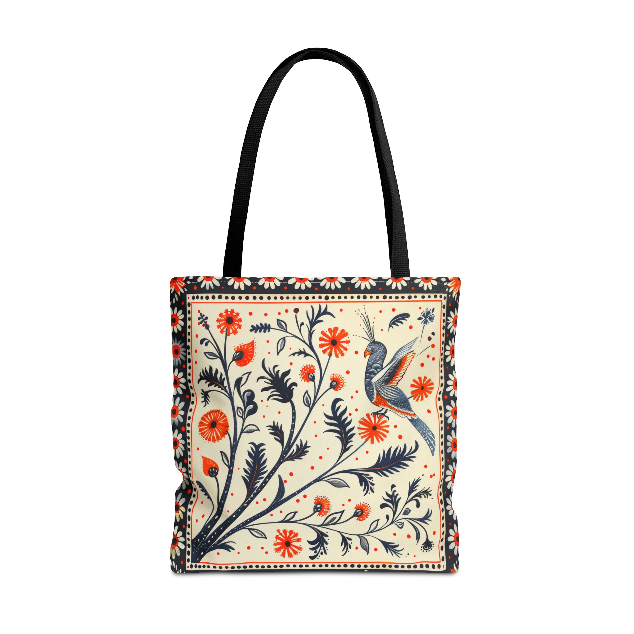 Canvas Tote Bag, red & black vintage inspired bird on a branch design, vibrant artistic accessory, whimsical all over print bag in three sizes