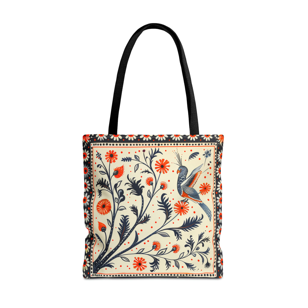 Canvas Tote Bag, red & black vintage inspired bird on a branch design, vibrant artistic accessory, whimsical all over print bag in three sizes