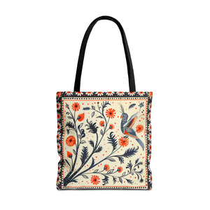 Canvas Tote Bag, red & black vintage inspired bird on a branch design, vibrant artistic accessory, whimsical all over print bag in three sizes