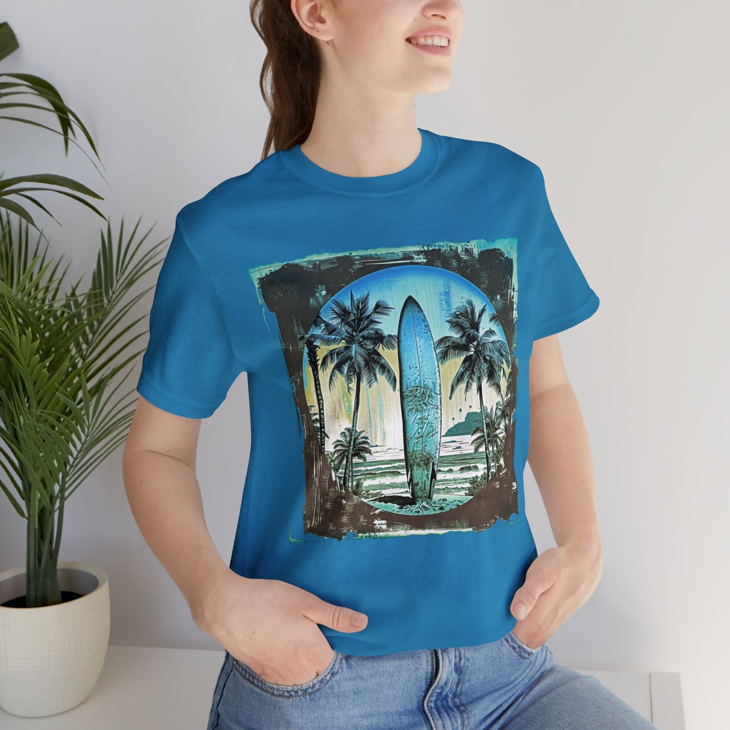 Blue board on the beach Unisex Jersey Short Sleeve Tee