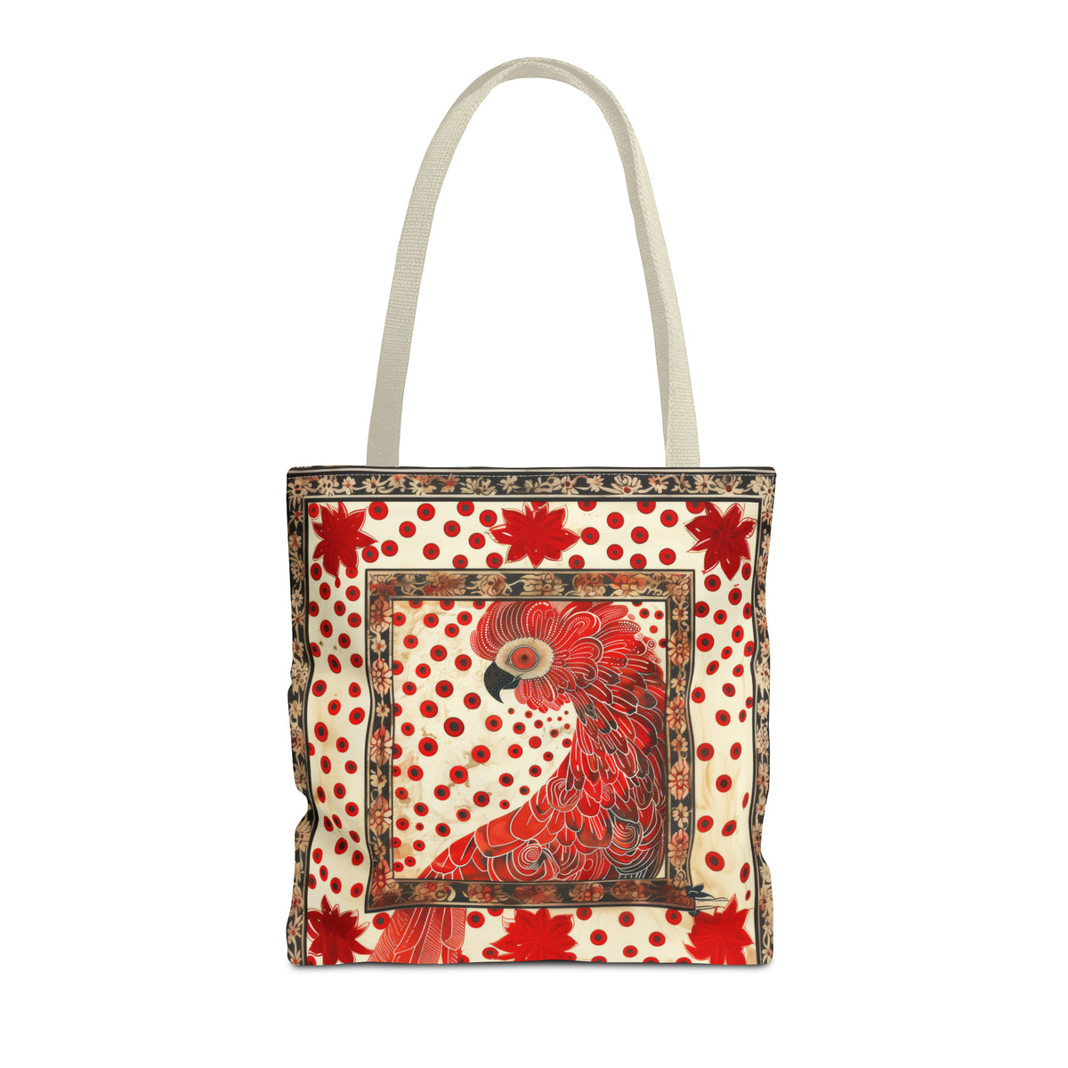 CanvasTote Bag, vintage inspired red cockatoo design, whimsical colorful printed bag, accessory tote , three sizes, all over print
