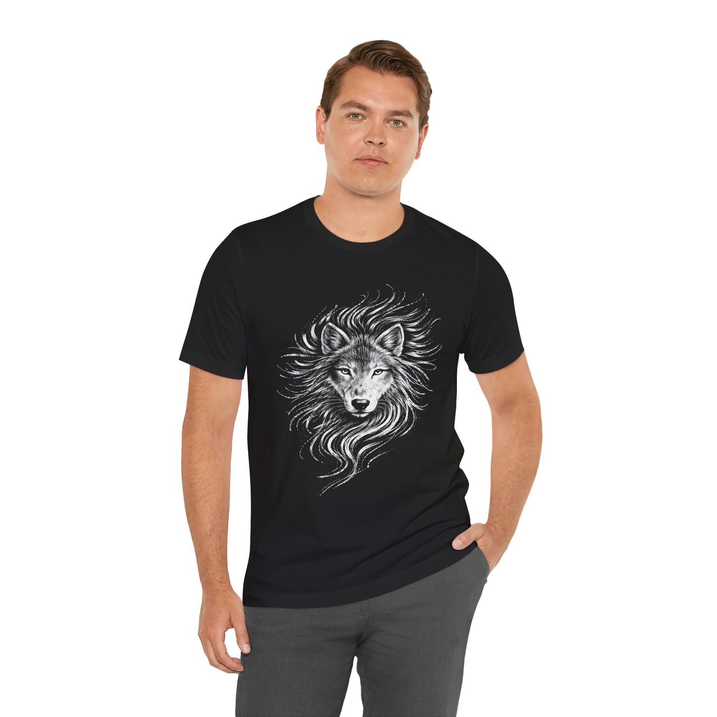 Wolf drawn Portrait T‑Shirt in chalk style — Detailed White Wolf Graphic Tee for Men & Women