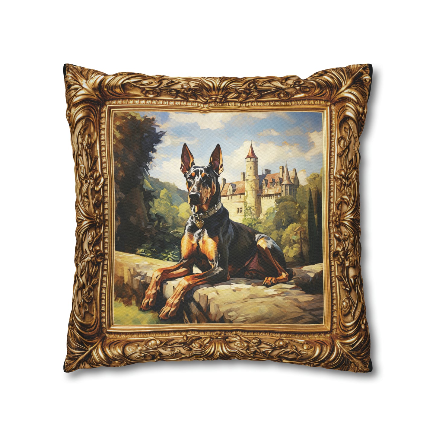 Square Pillow Case 18" x 18", CASE ONLY, no pillow form, original Art ,a Beautiful Painting of a Doberman in the English countryside.