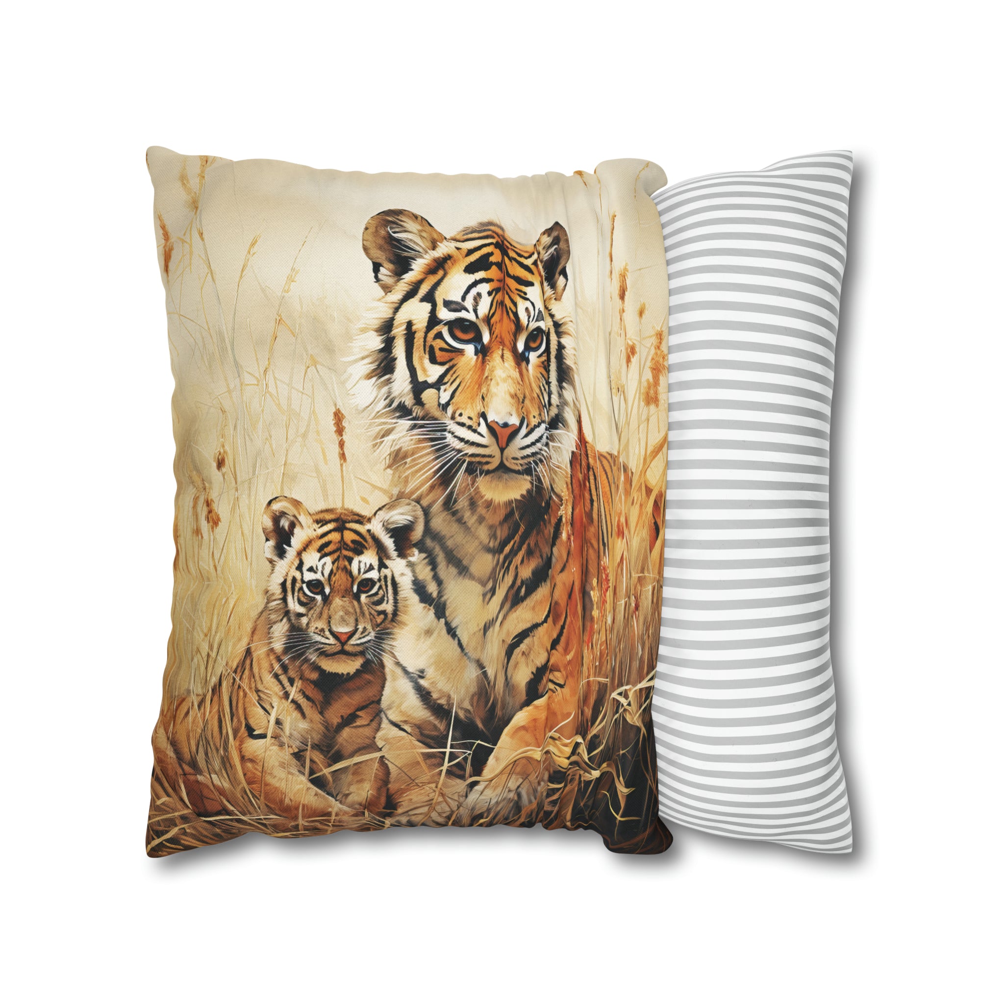 Square Pillow Case 18" x 18", CASE ONLY, no pillow form, original Art ,Colorful, A Mother Tiger and Her Cub in the African Scrub Grass