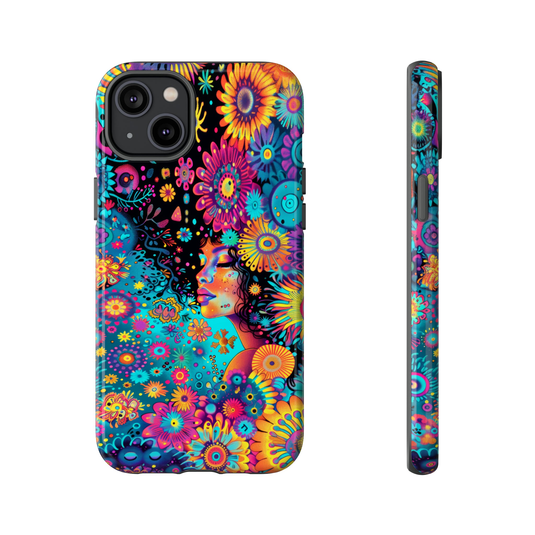 Phone Case, 1970's inspired flower girl, Artistic design, Tough Case, Colorful whimsical flower fantasy design, iPhone 15, 14, 13, 12, 11, Samsung, Pixel
