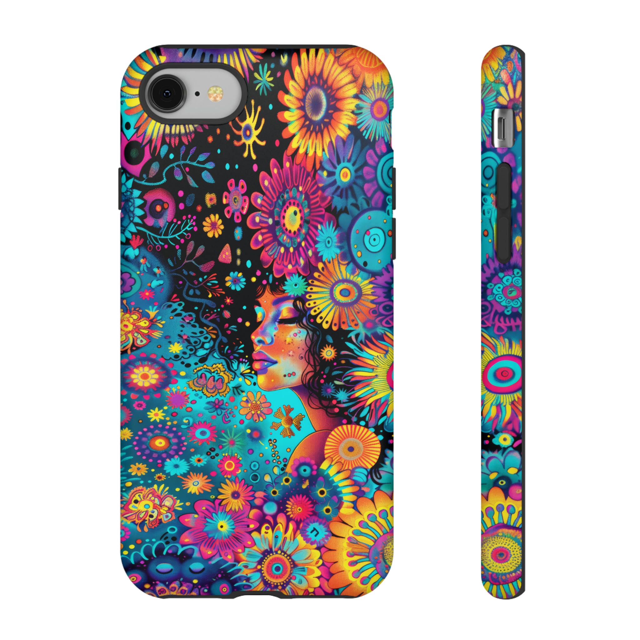 Phone Case, 1970's inspired flower girl, Artistic design, Tough Case, Colorful whimsical flower fantasy design, iPhone 15, 14, 13, 12, 11, Samsung, Pixel