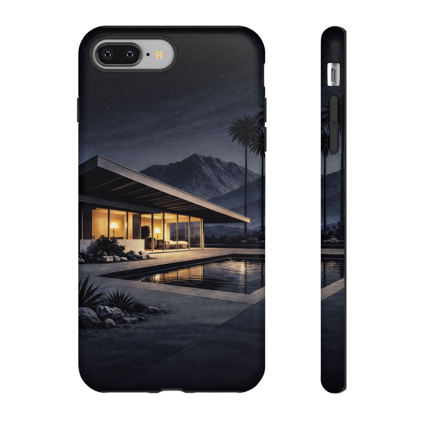 Modern Palm Springs House Phone Case — Mid-Century Poolside Evening Scene