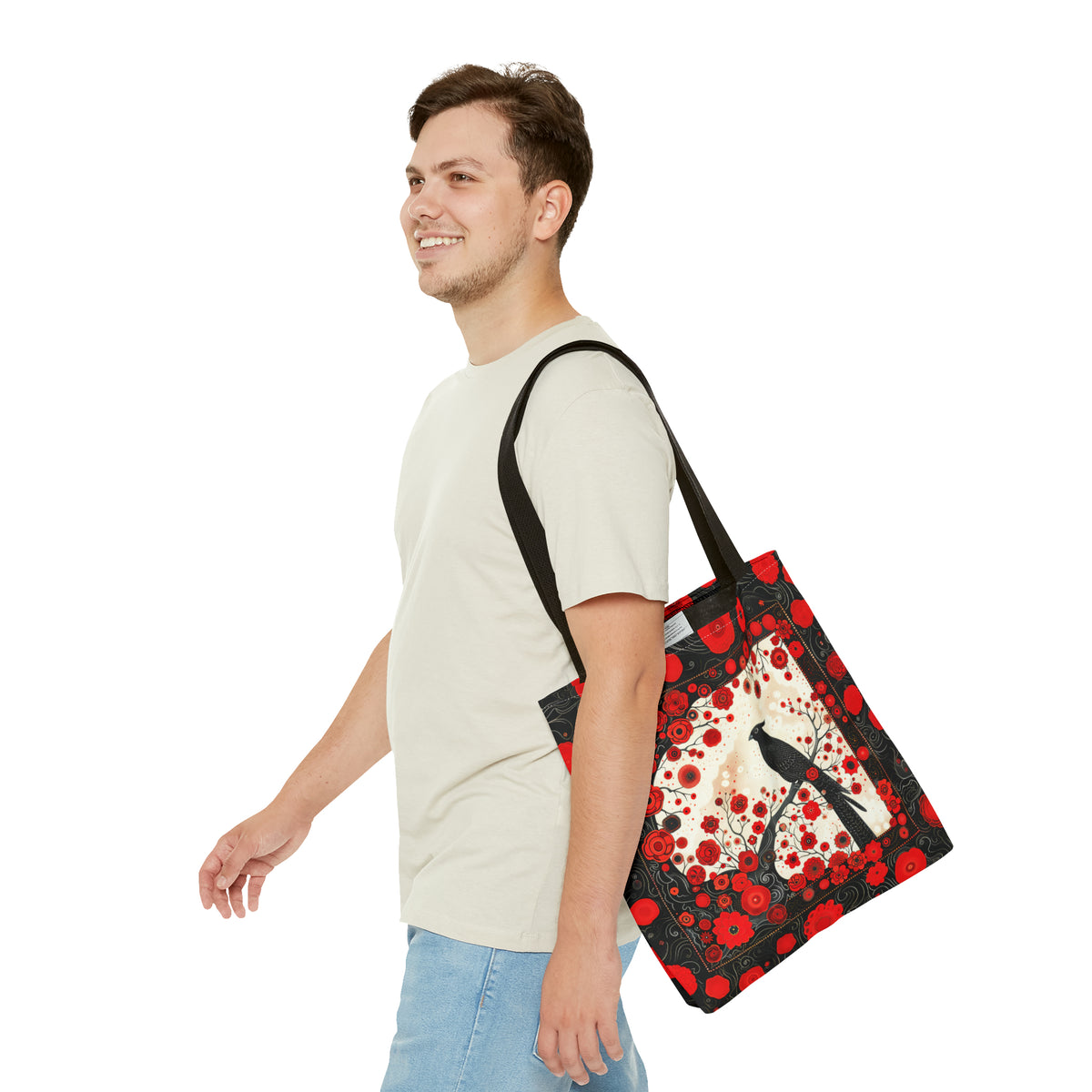 Canvas Tote Bag, vintage inspired bird design with red flowers, vibrant artistic accessory, whimsical all over print bag in three sizes