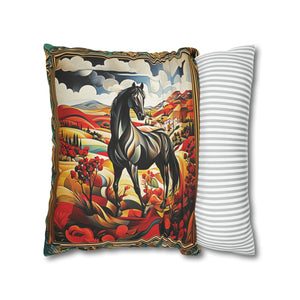 Square Pillow Case 18" x 18", CASE ONLY, no pillow form, original Art ,Colorful, Beautiful Black Horse on a Colorful Landscape with Red Fields of Flowers