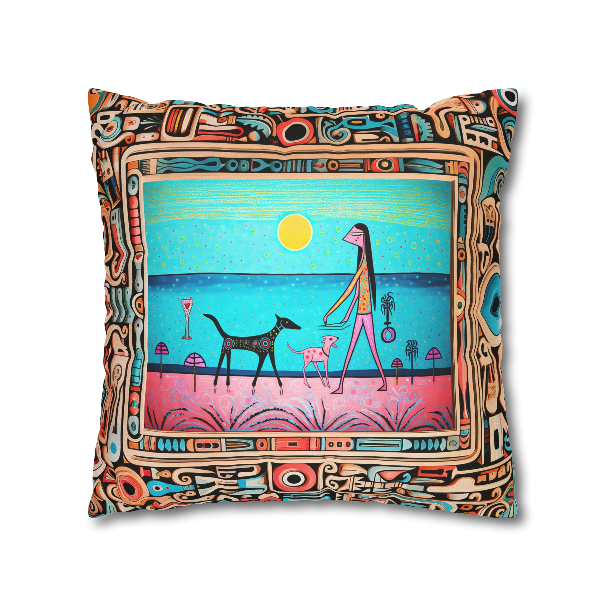 Square Pillow Case 18" x 18", CASE ONLY, no pillow form, original Pop Art Style, Alien Walking Her Dog on Mars, in a Frame