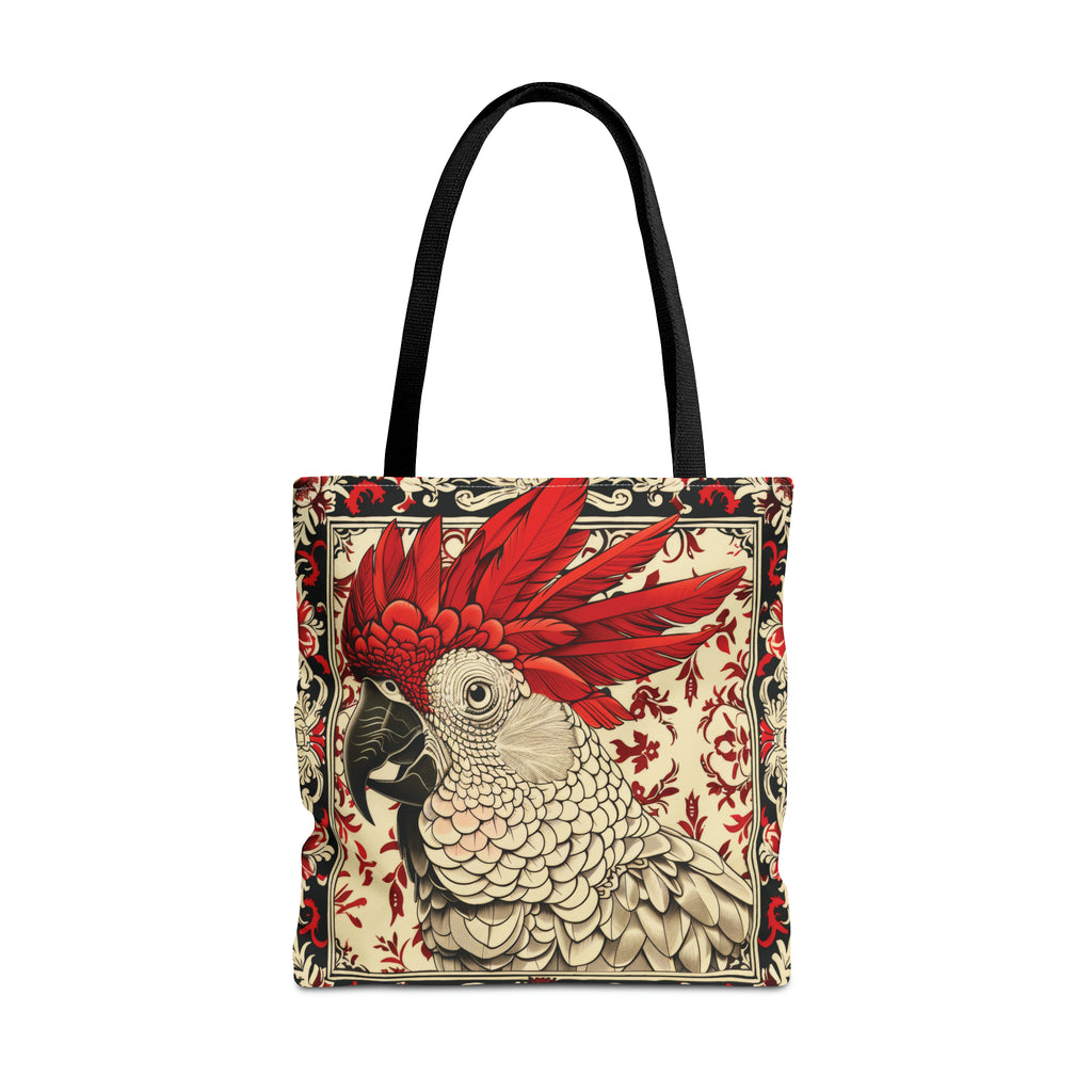 Canvas Tote Bag, vintage inspired cockatoo design, vibrant artistic accessory, whimsical all over print bag, three sizes