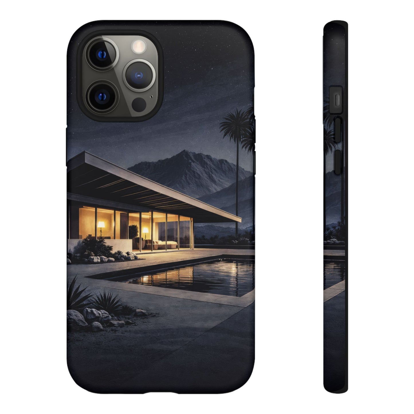 Modern Palm Springs House Phone Case — Mid-Century Poolside Evening Scene