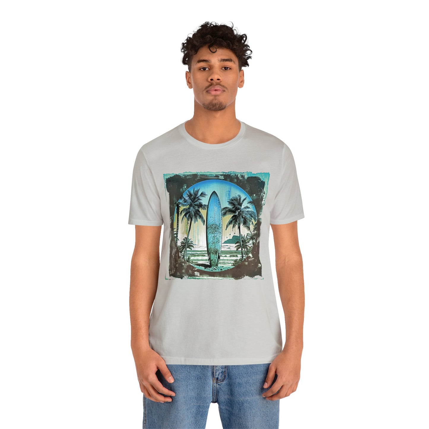 Blue board on the beach Unisex Jersey Short Sleeve Tee