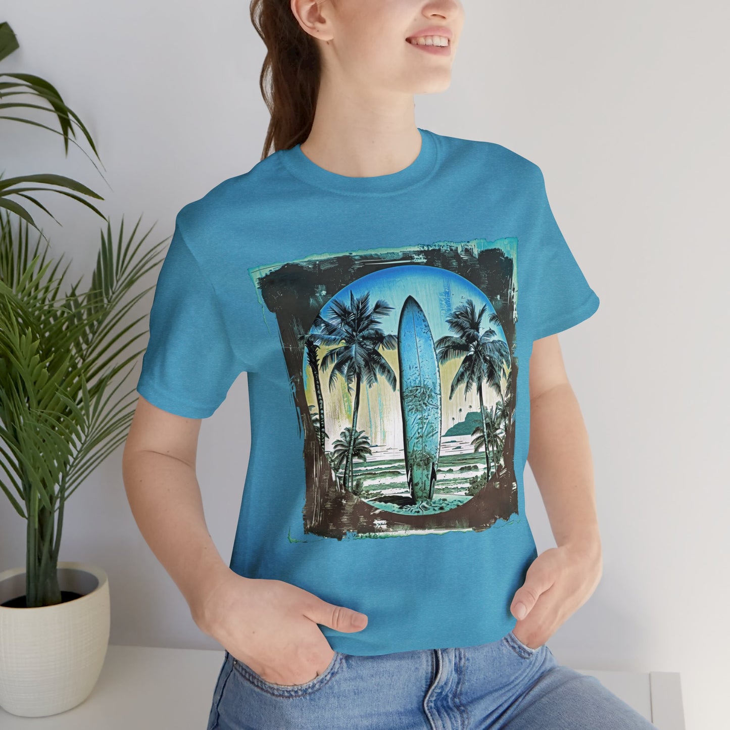 Blue board on the beach Unisex Jersey Short Sleeve Tee