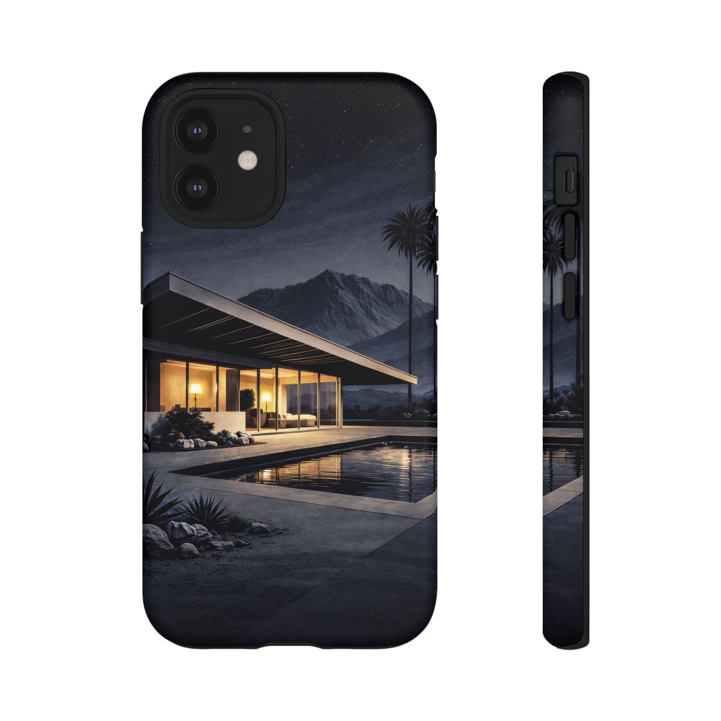 Modern Palm Springs House Phone Case — Mid-Century Poolside Evening Scene