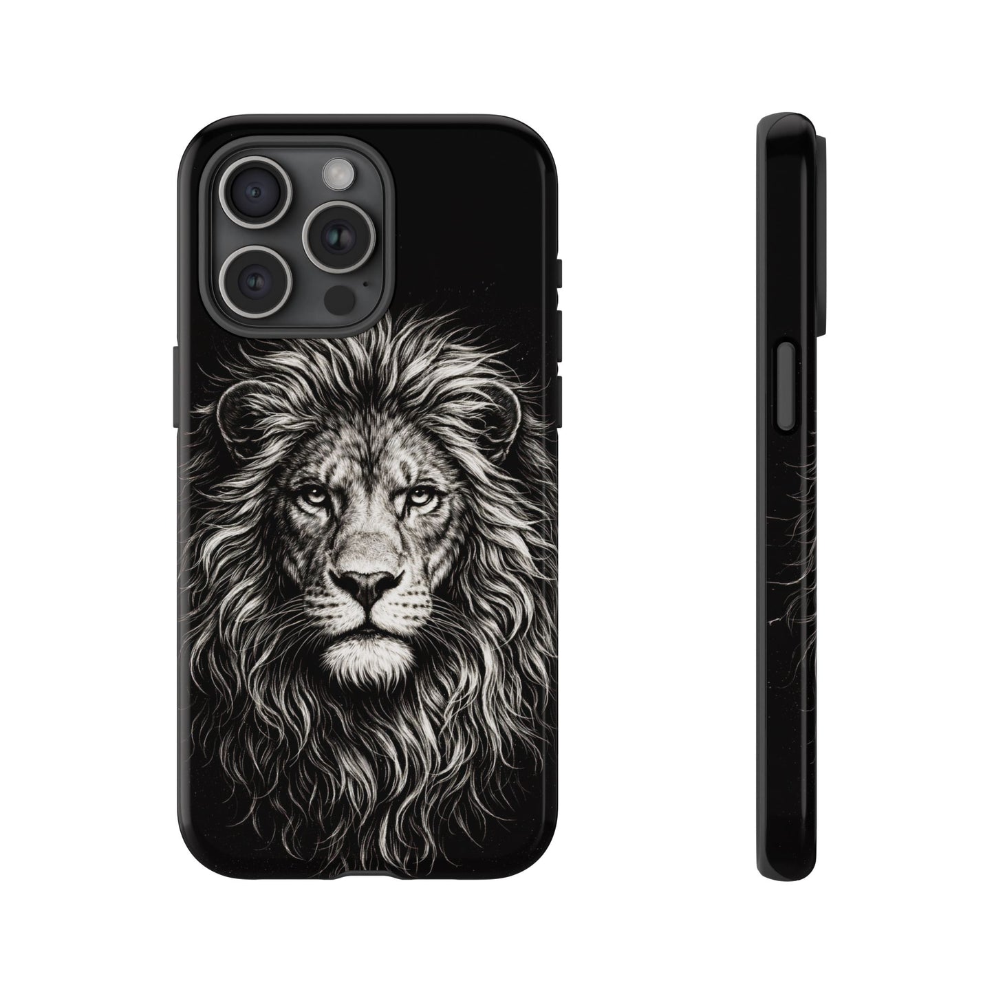 Lion Portrait Tough Phone Case — Protective Black Rugged Case with Detailed Lion Artwork