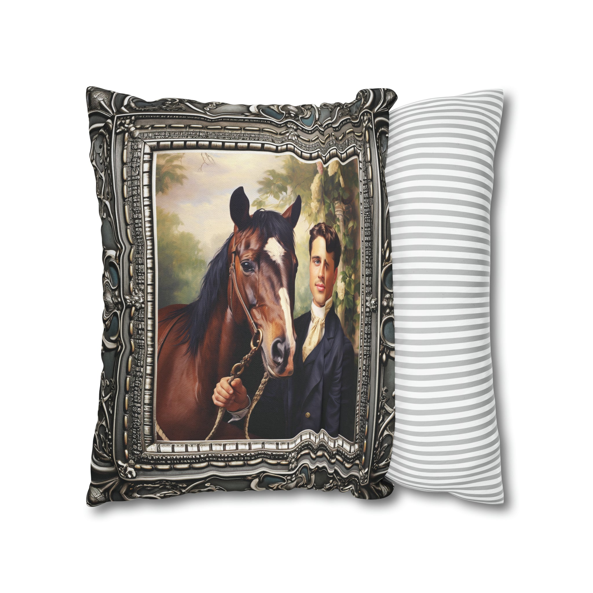 Square Pillow Case 18" x 18", CASE ONLY, no pillow form, original Art , a painting of an English Gent and His Horse Antique Frame