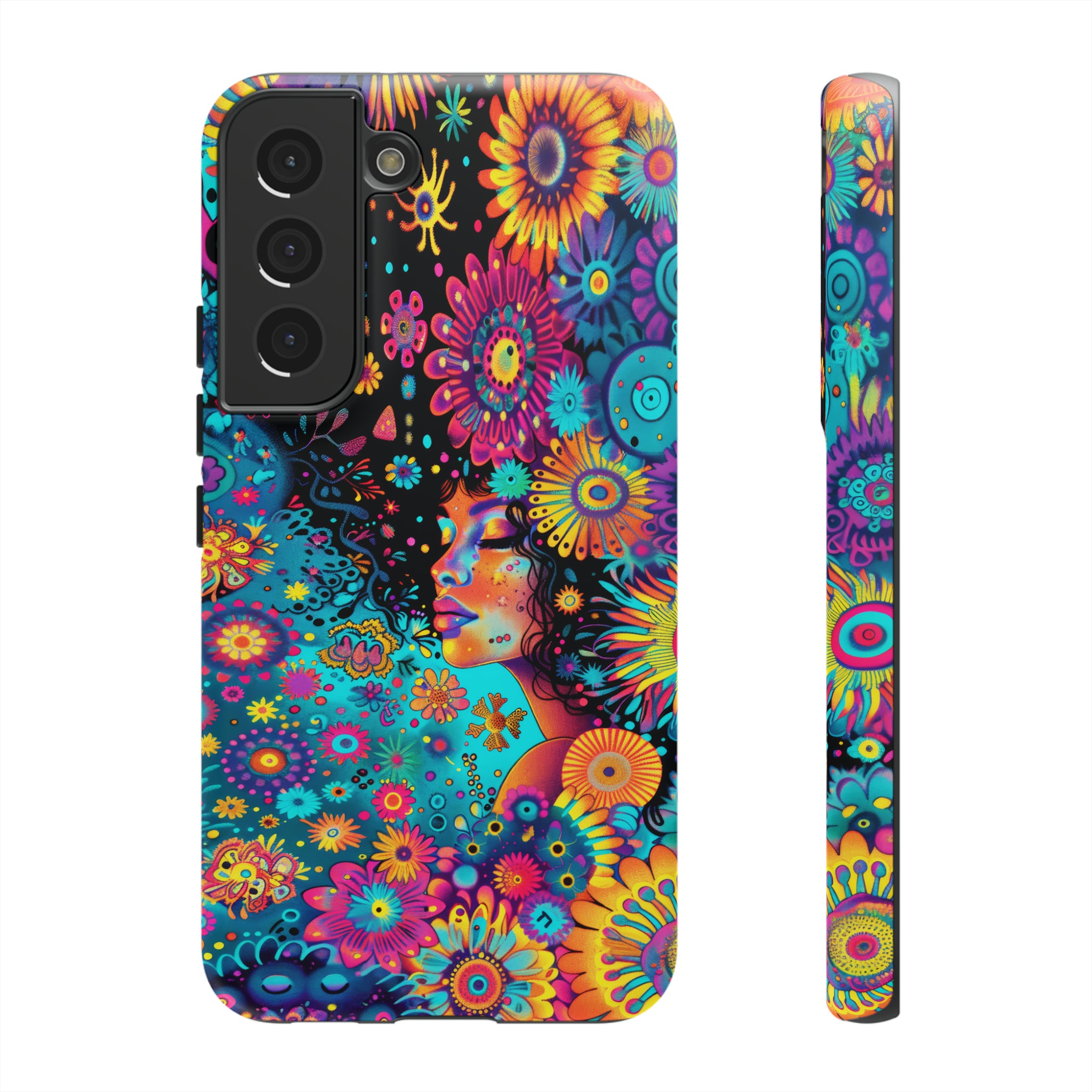 Phone Case, 1970's inspired flower girl, Artistic design, Tough Case, Colorful whimsical flower fantasy design, iPhone 15, 14, 13, 12, 11, Samsung, Pixel