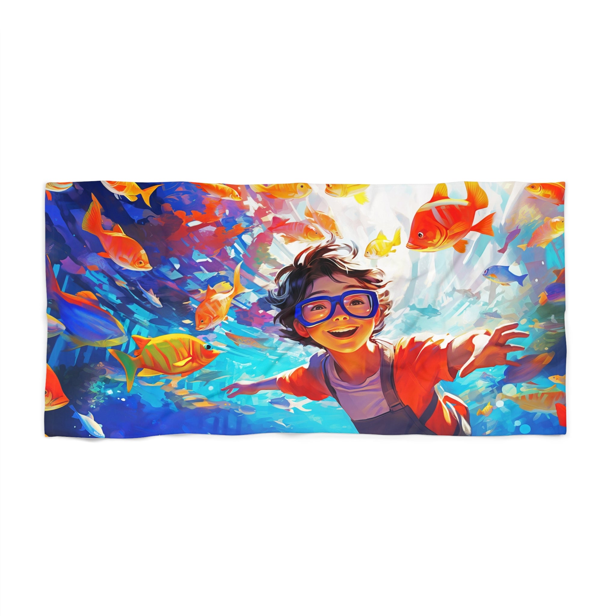 swimming with colorful fish Beach Towel in two sizes