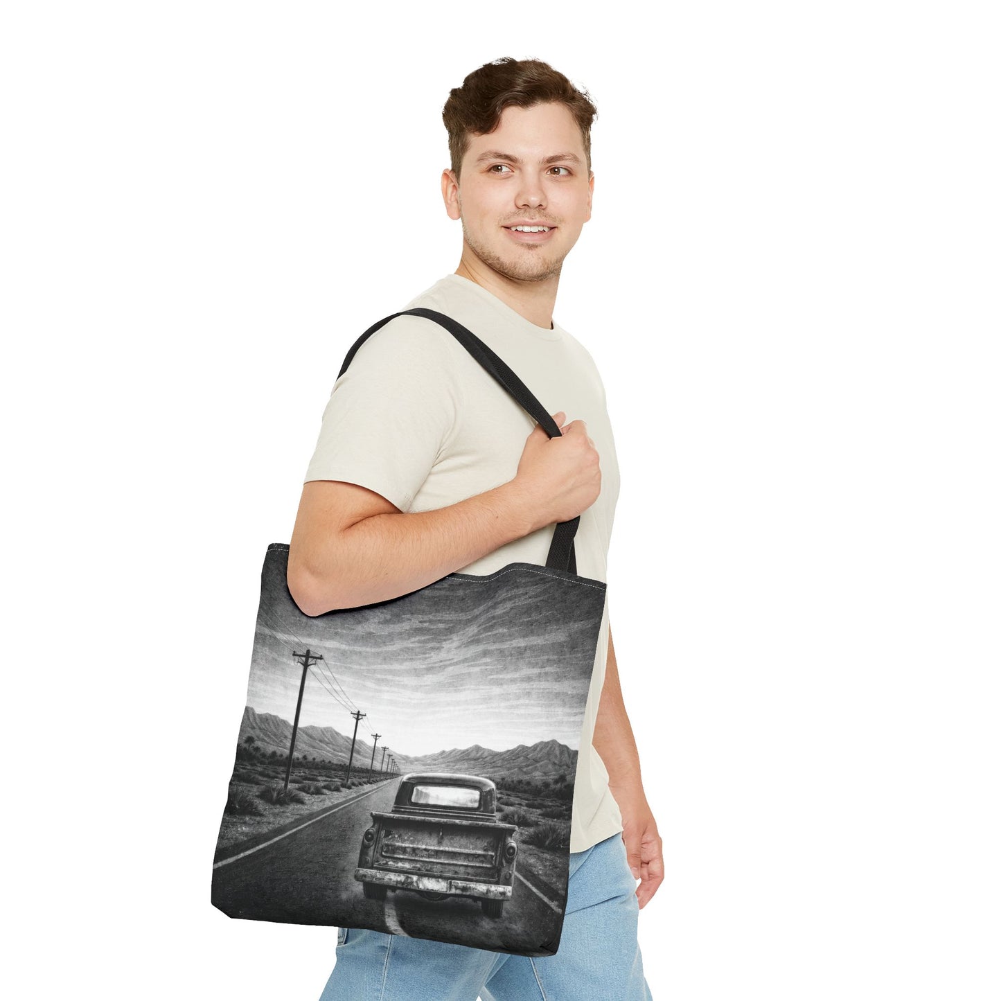 Vintage Road Trip Tote Bag — Black & White Classic Vintage Truck Travel Scene