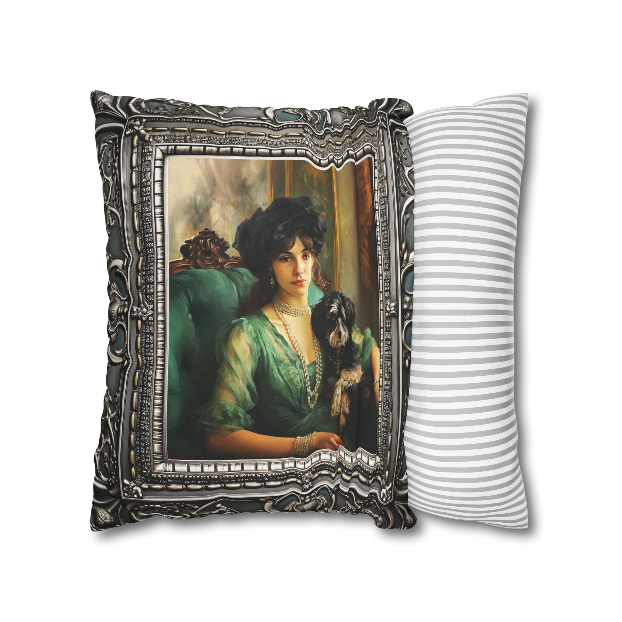Square Pillow Case 18" x 18", CASE ONLY, no pillow form, original Art , a French Woman and her Dog in an Antique Frame