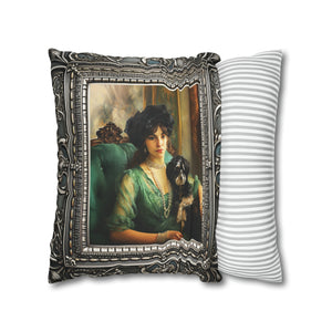 Square Pillow Case 18" x 18", CASE ONLY, no pillow form, original Art , a French Woman and her Dog in an Antique Frame