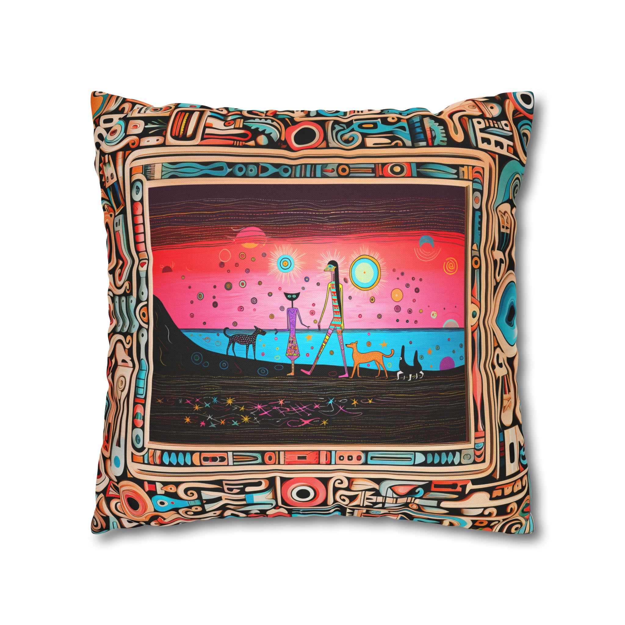 Square Pillow Case 18" x 18", CASE ONLY, no pillow form, original Pop Art Style, Walking on Black Sand Beach, in a Frame