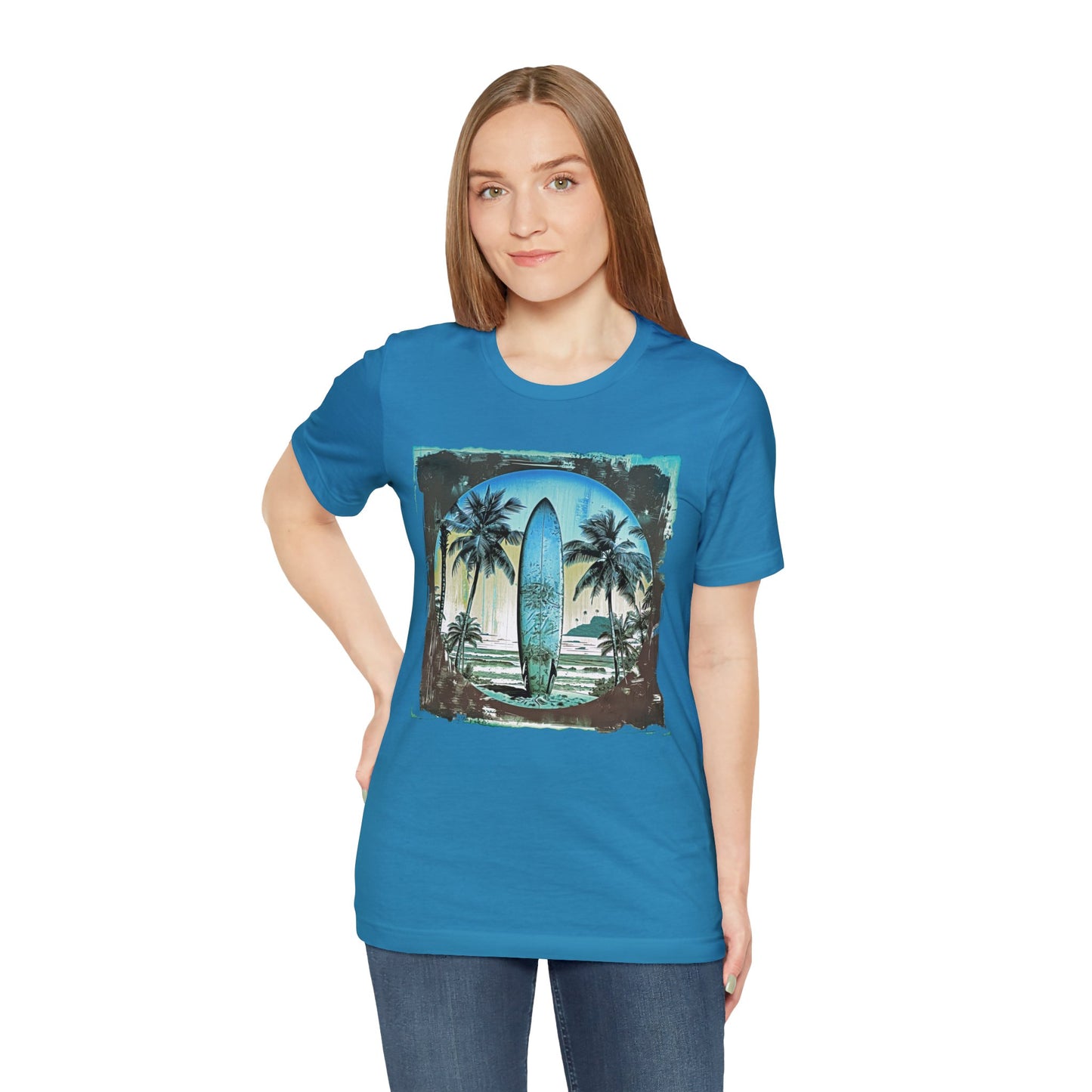 Blue board on the beach Unisex Jersey Short Sleeve Tee