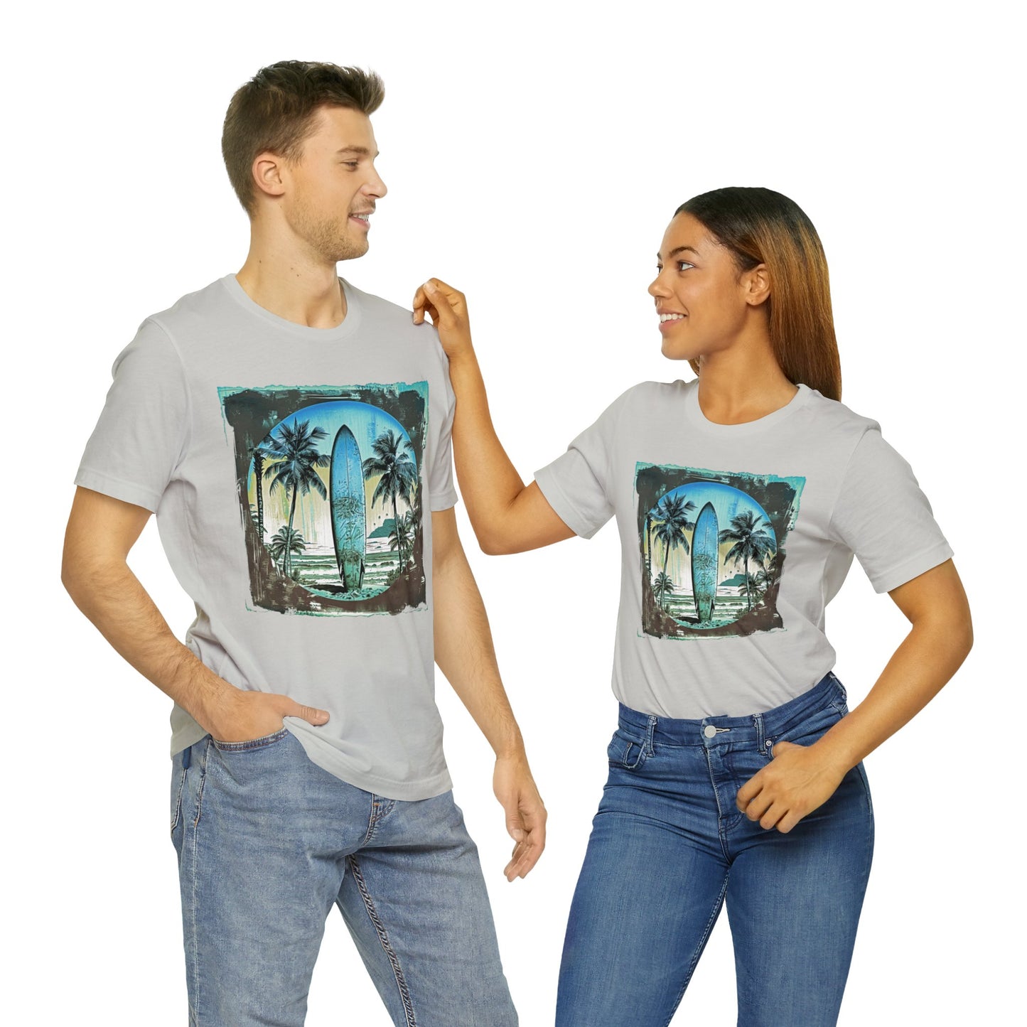 Blue board on the beach Unisex Jersey Short Sleeve Tee