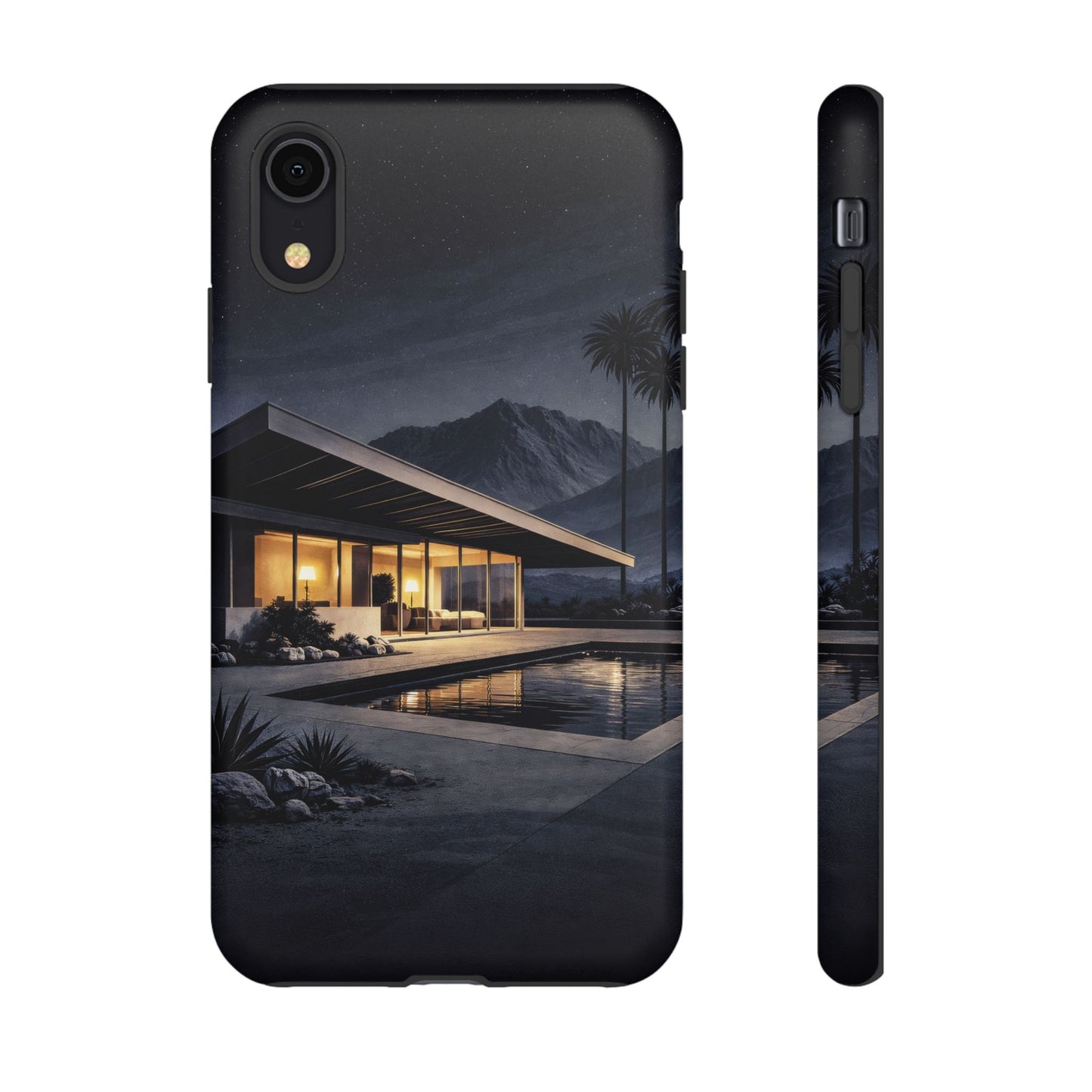 Modern Palm Springs House Phone Case — Mid-Century Poolside Evening Scene
