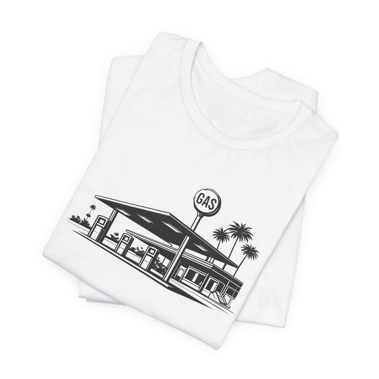 Mid Century Gas Station Graphic Tee, Icons of Mid Century series — Retro Desert Pump Illustration T-Shirt, Palm Springs Modern
