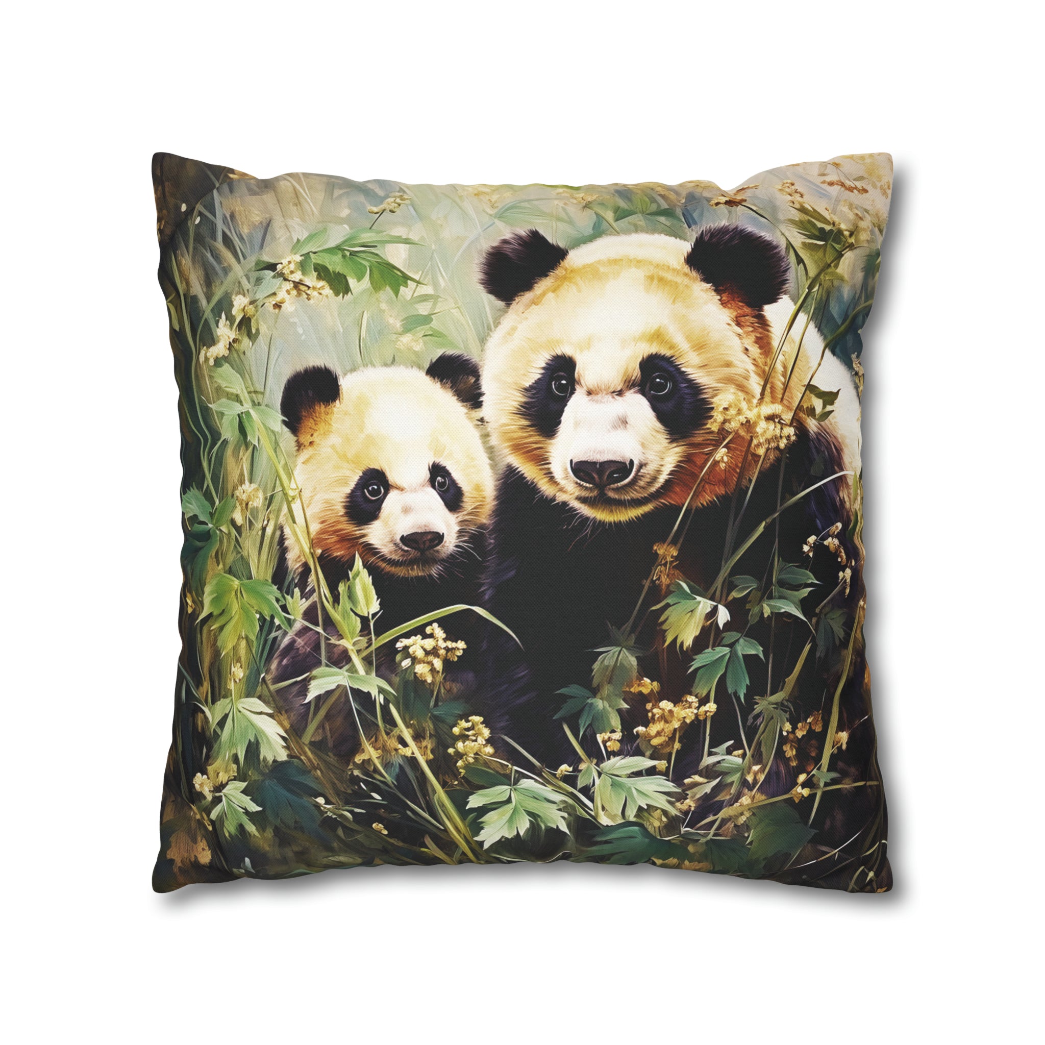 Square Pillow Case 18" x 18", CASE ONLY, no pillow form, original Art , A Mother Panda Bear and Her Cub in the Forest