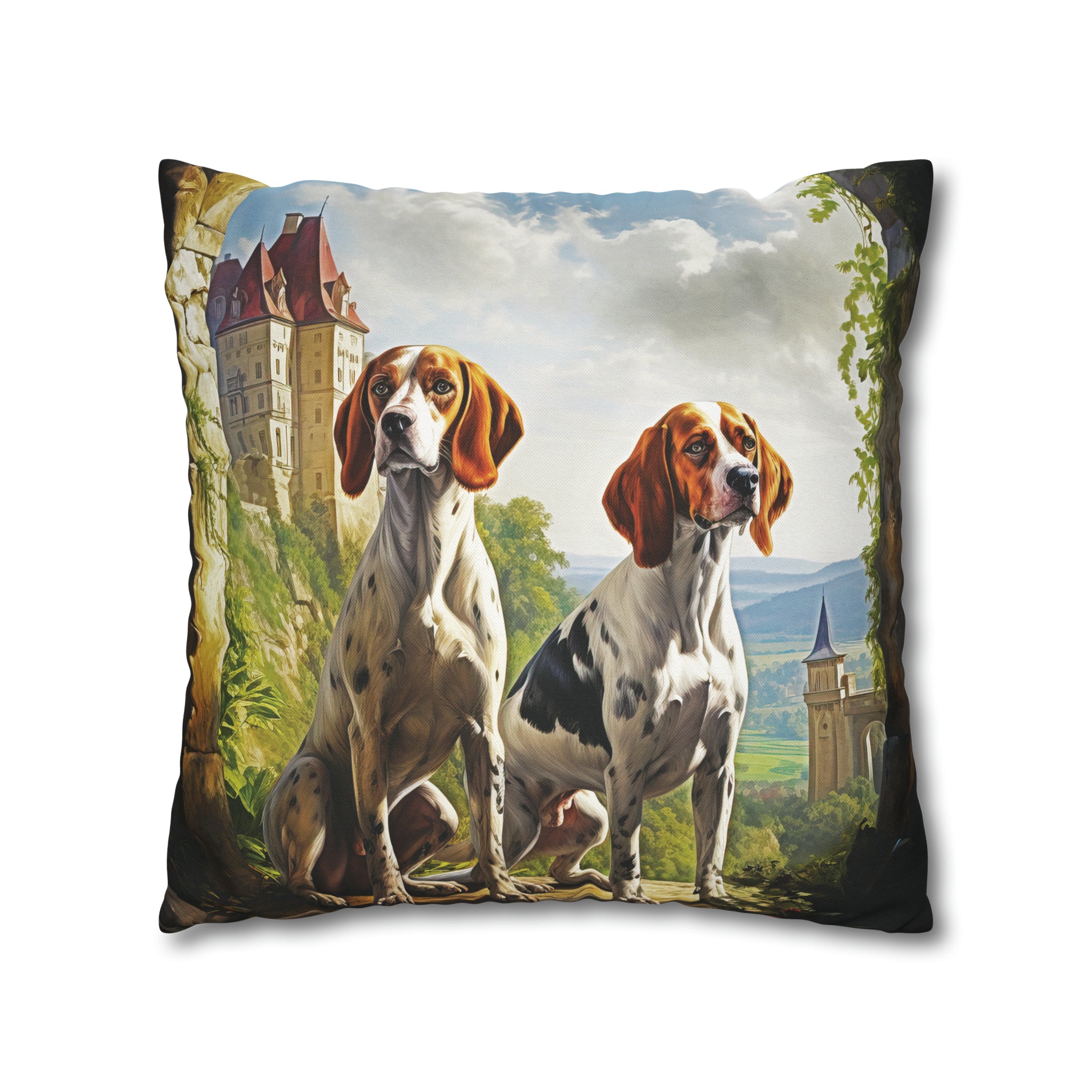 Square Pillow Case 18" x 18", CASE ONLY, no pillow form, original Art ,Colorful, Two Hunting Hounds in the French Countryside