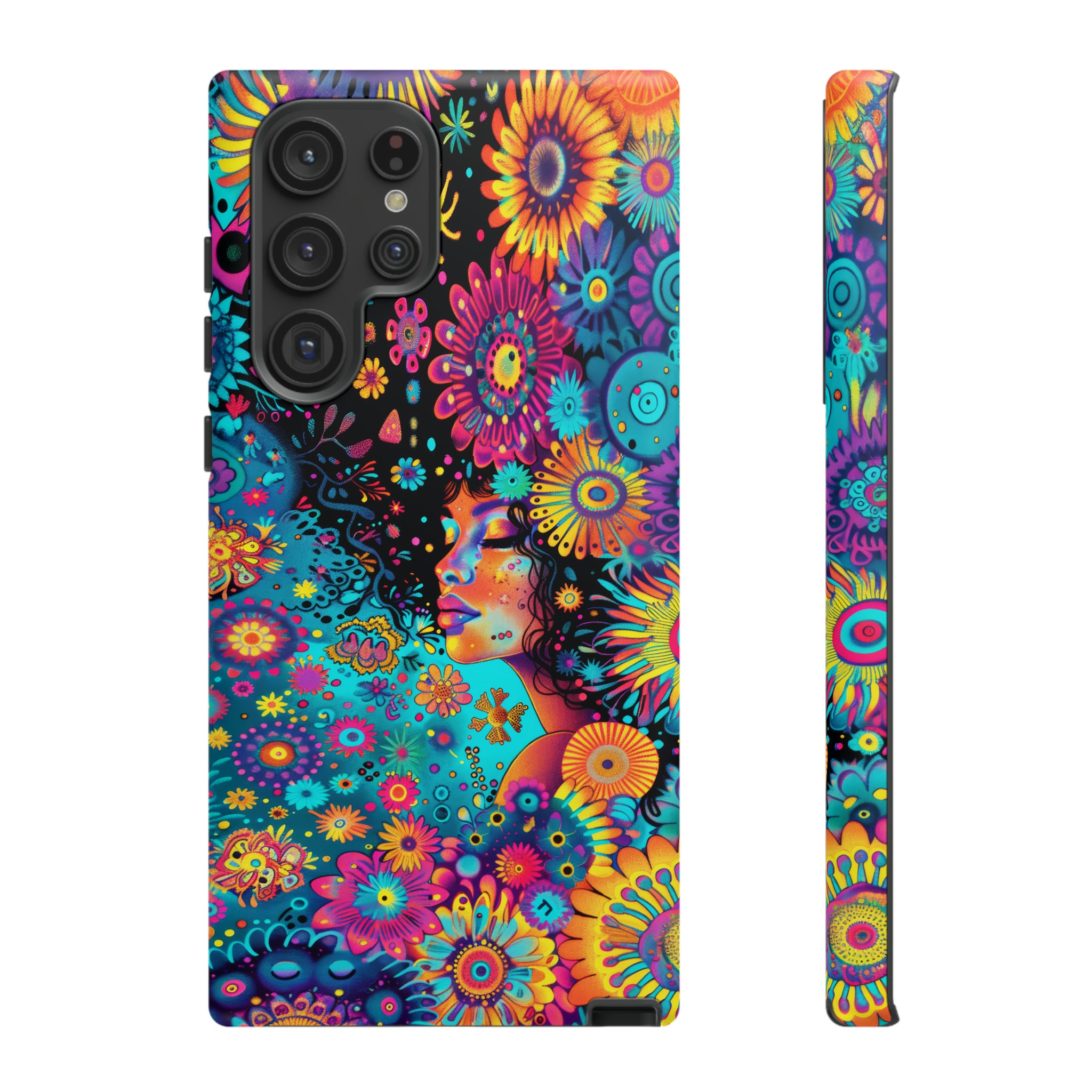 Phone Case, 1970's inspired flower girl, Artistic design, Tough Case, Colorful whimsical flower fantasy design, iPhone 15, 14, 13, 12, 11, Samsung, Pixel