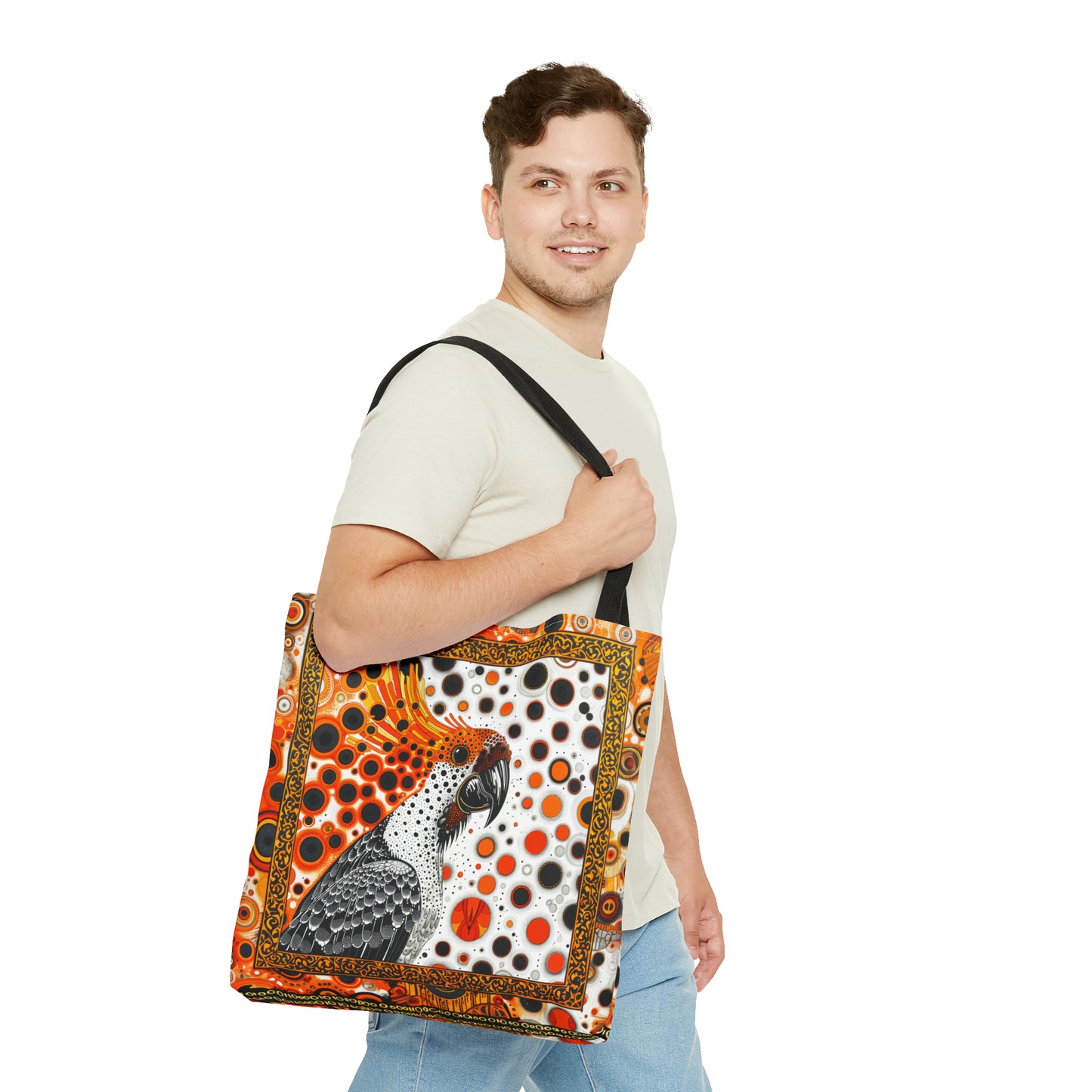 Canvas Tote Bag, Mod inspired orange bird design, vibrant artistic accessory, whimsical all over print bag in three sizes with cockatoo design