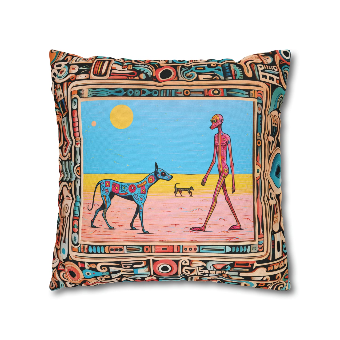 Square Pillow Case 18" x 18", CASE ONLY, no pillow form, original Pop Art Style, Pink Alien & Blue Dog in a Frame