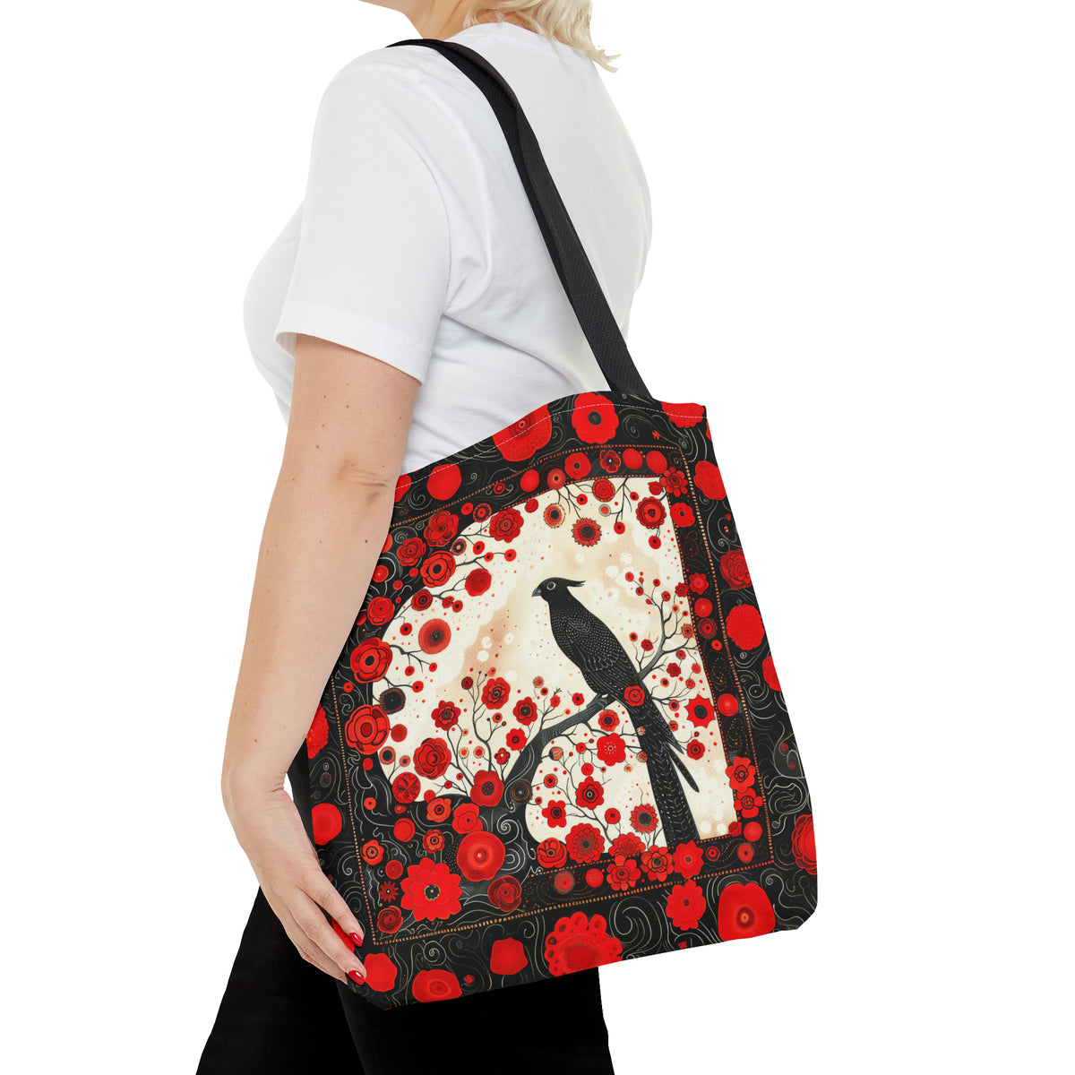 Canvas Tote Bag, vintage inspired bird design with red flowers, vibrant artistic accessory, whimsical all over print bag in three sizes