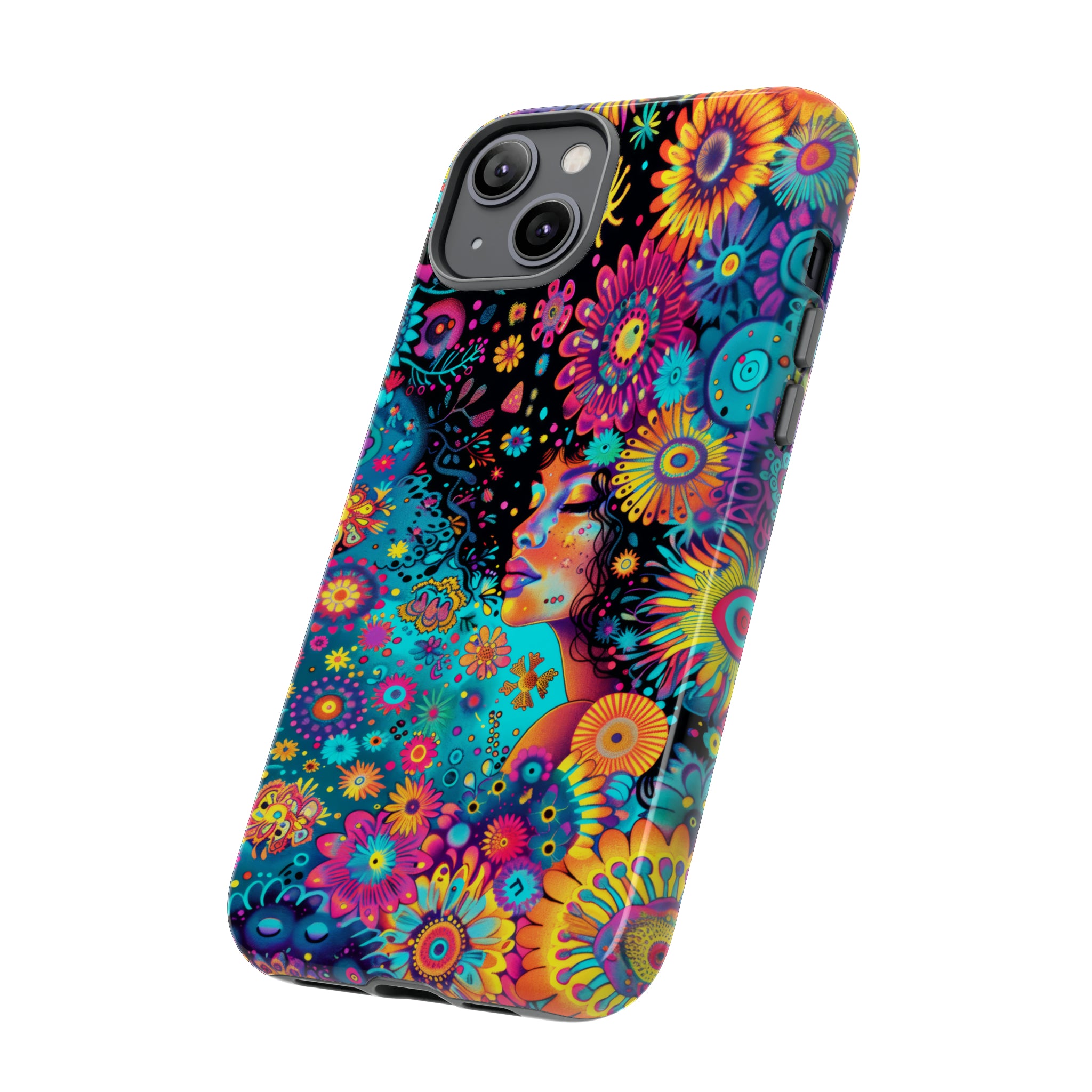 Phone Case, 1970's inspired flower girl, Artistic design, Tough Case, Colorful whimsical flower fantasy design, iPhone 15, 14, 13, 12, 11, Samsung, Pixel