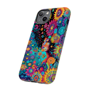 Phone Case, 1970's inspired flower girl, Artistic design, Tough Case, Colorful whimsical flower fantasy design, iPhone 15, 14, 13, 12, 11, Samsung, Pixel