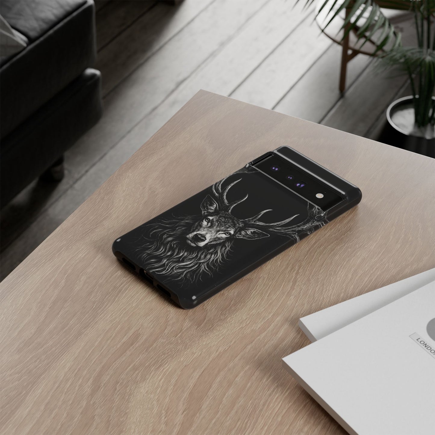 Stag Head drawing Phone Case — Chalk drawing on black of a Deer Protective Phone Cover