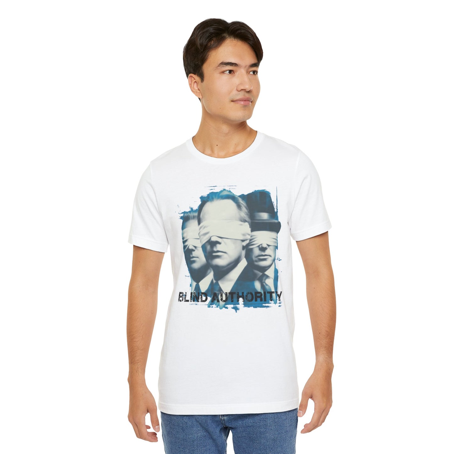 Blind Authority Graphic Tee – Concept Art Shirt, Blindfolded Men, Political Satire, Retro Pop Art, Streetwear Commentary
